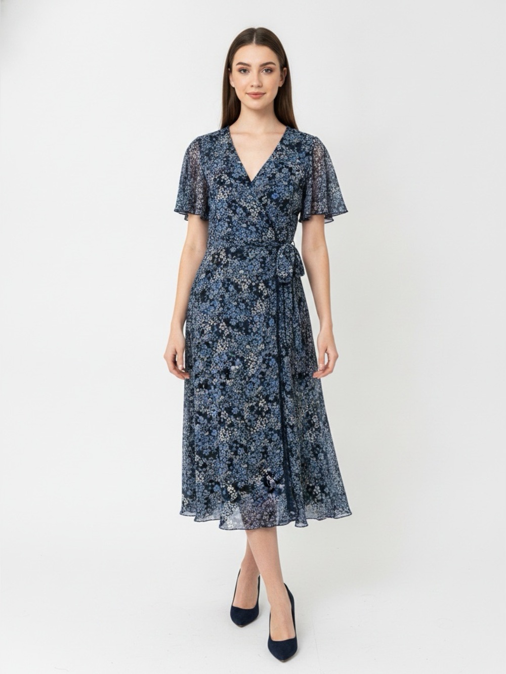 Morgan Taylor Navy Floral Wrap Midi Dress Short Sleeve Flutter High Low XL Boho - Picture 2 of 13